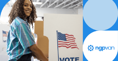 Voter standing at voting machine with graphic elements on the right hand side of the graphic with the NGP VAN logo