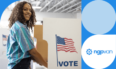 Voter standing at voting machine with graphic elements on the right hand side of the graphic with the NGP VAN logo