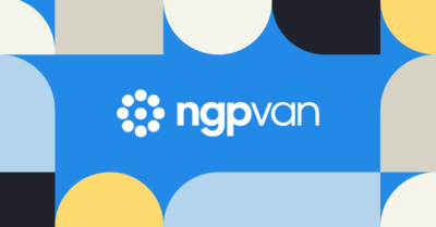 NGP VAN logo centered on a blue background with shapes surrounding the logo in multiple colors