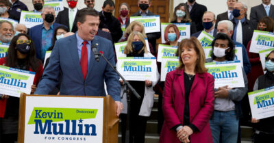 Kevin Mullin Behind Podium Speaks to Crowd