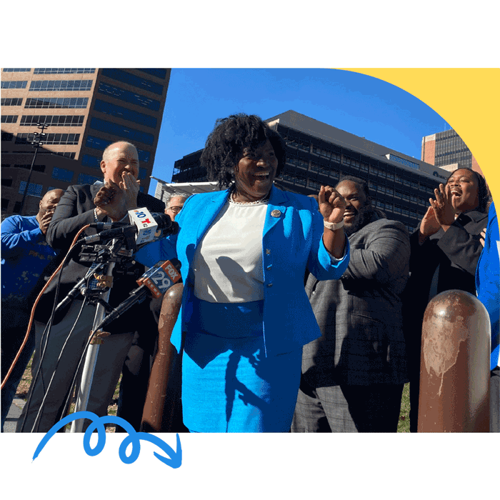 NGPVAN-PAHDCC-Case-Study-Image-Joanna-McClinton-700x700 Group of the Pennsylvania House Democratic Caucus members including Speaker of the House Rep. Joanna McClinton outside at a press conference celebrating their electoral wins.