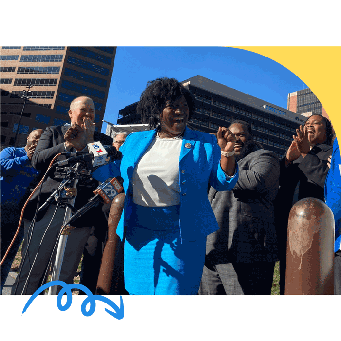 Group of the Pennsylvania House Democratic Caucus members including Speaker of the House Rep. Joanna McClinton outside at a press conference celebrating their electoral wins.