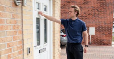 A political campaign volunteer knocks on a door while canvassing