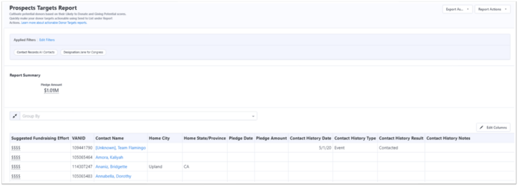 A screen showing one of the Donor Target Reports available within NGP, the Prospects Targets Report.