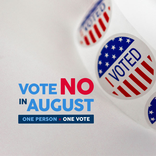 Vote no in august ohio one person eaquals one vote political sign