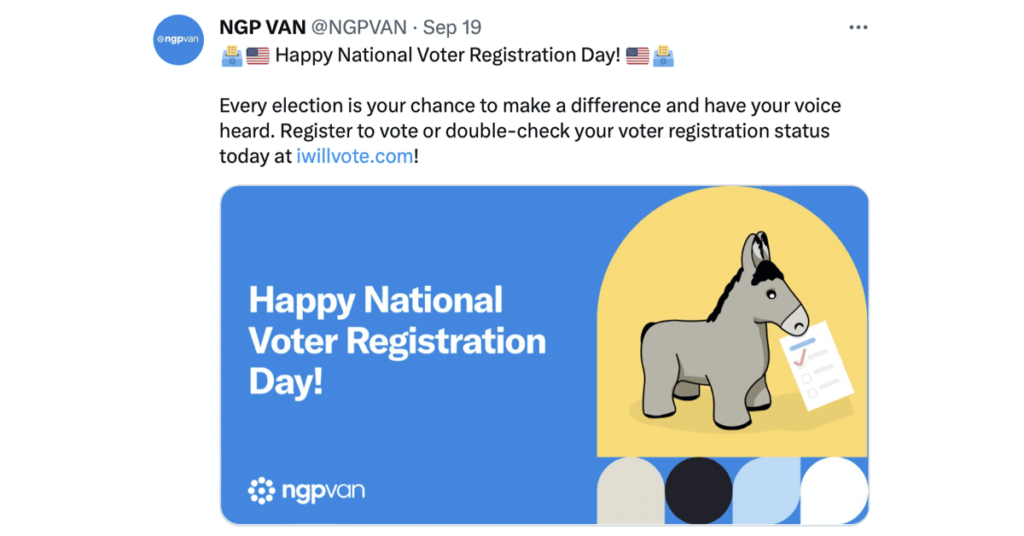 Example of an NGP VAN X/Twitter social media post that highlights National Voter Registration Day. 