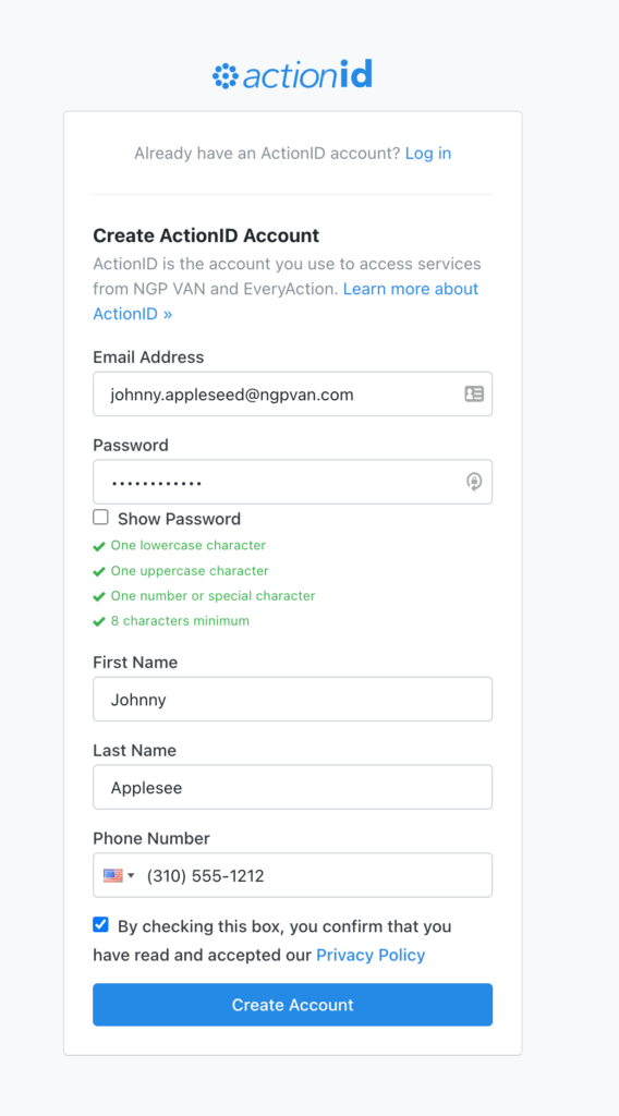 Create an ActionID account screen.