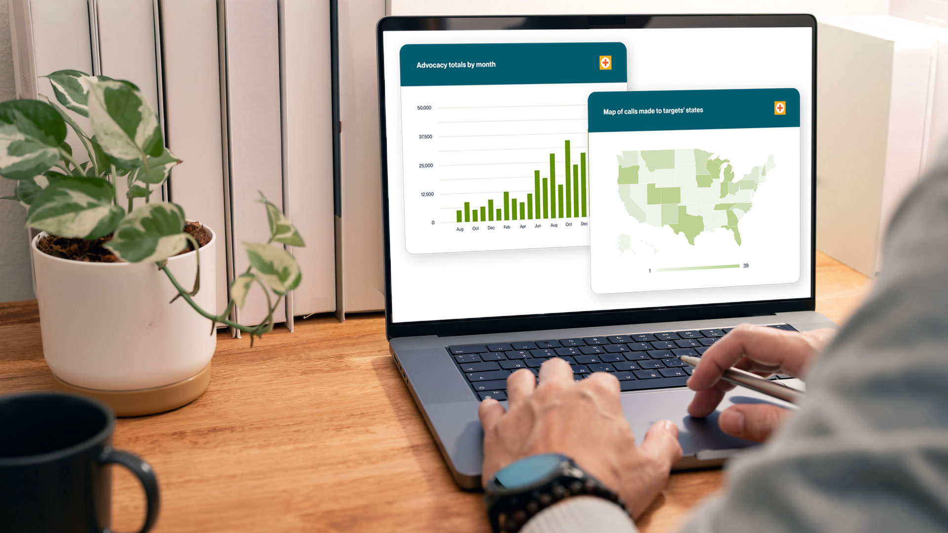 A person on a laptop looking at advocacy action screens from ActionKit