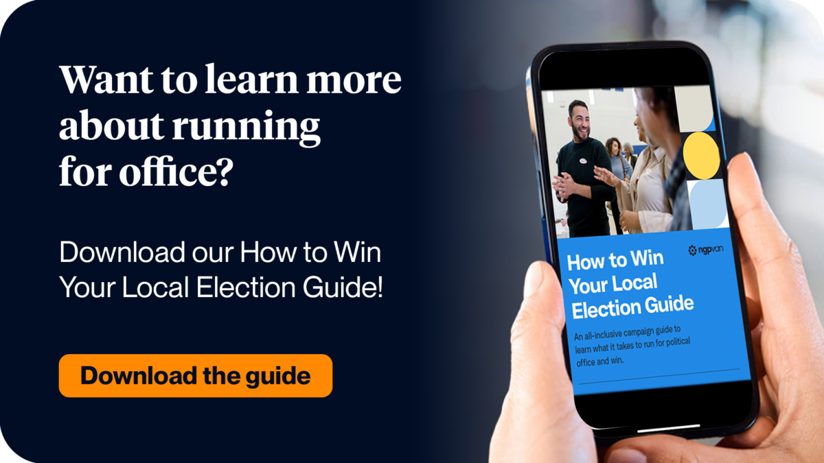 A graphic that shows a phone with the How to Win Your Local Election Guide along with text that reads "Want to learn more about running for office? Download our How to Win Your Local Election Guide!" with a yellow button underneath that reads "Download the guide"