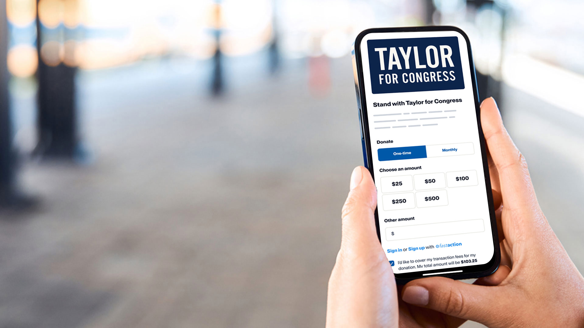 A phone showing an NGP VAN Payments form