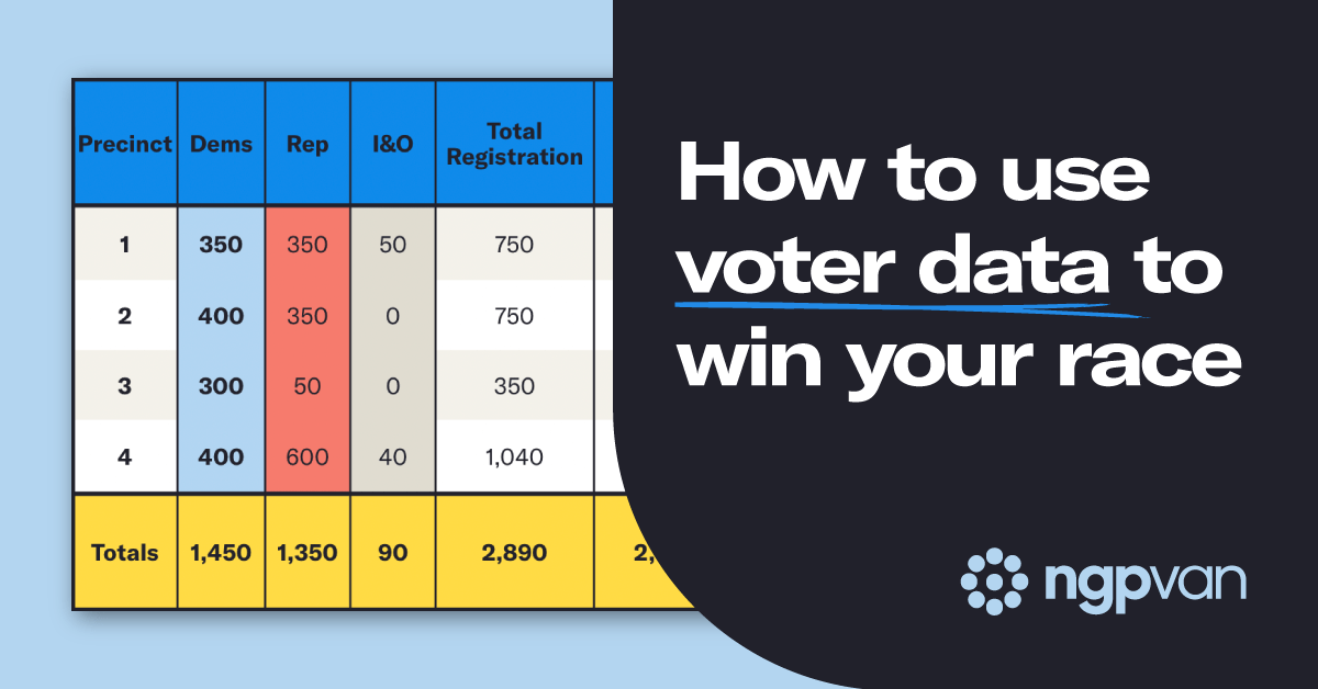 Multi-colored spreadsheet with voter data on the left side of the graphic with the title "How to use voter data to win your race" in white text on a black background with the NGP VAN logo in the bottom right corner