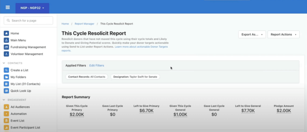 Example report from NGP, showing metrics for resoliciting donors