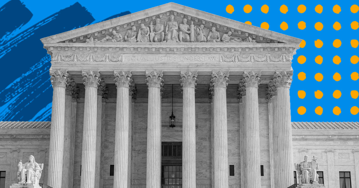 A graphic design that includes a black and white image of the Supreme Court