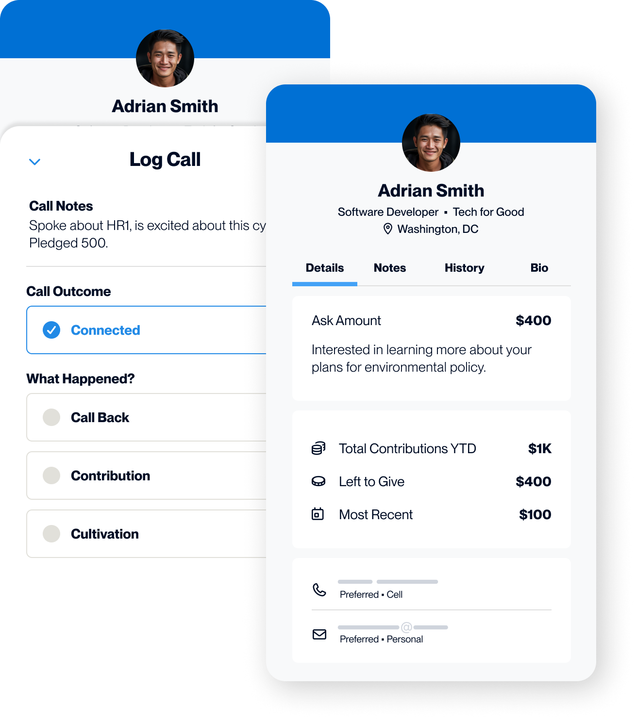 Composite of Call Time Mobile platform showing donor call activity and history.