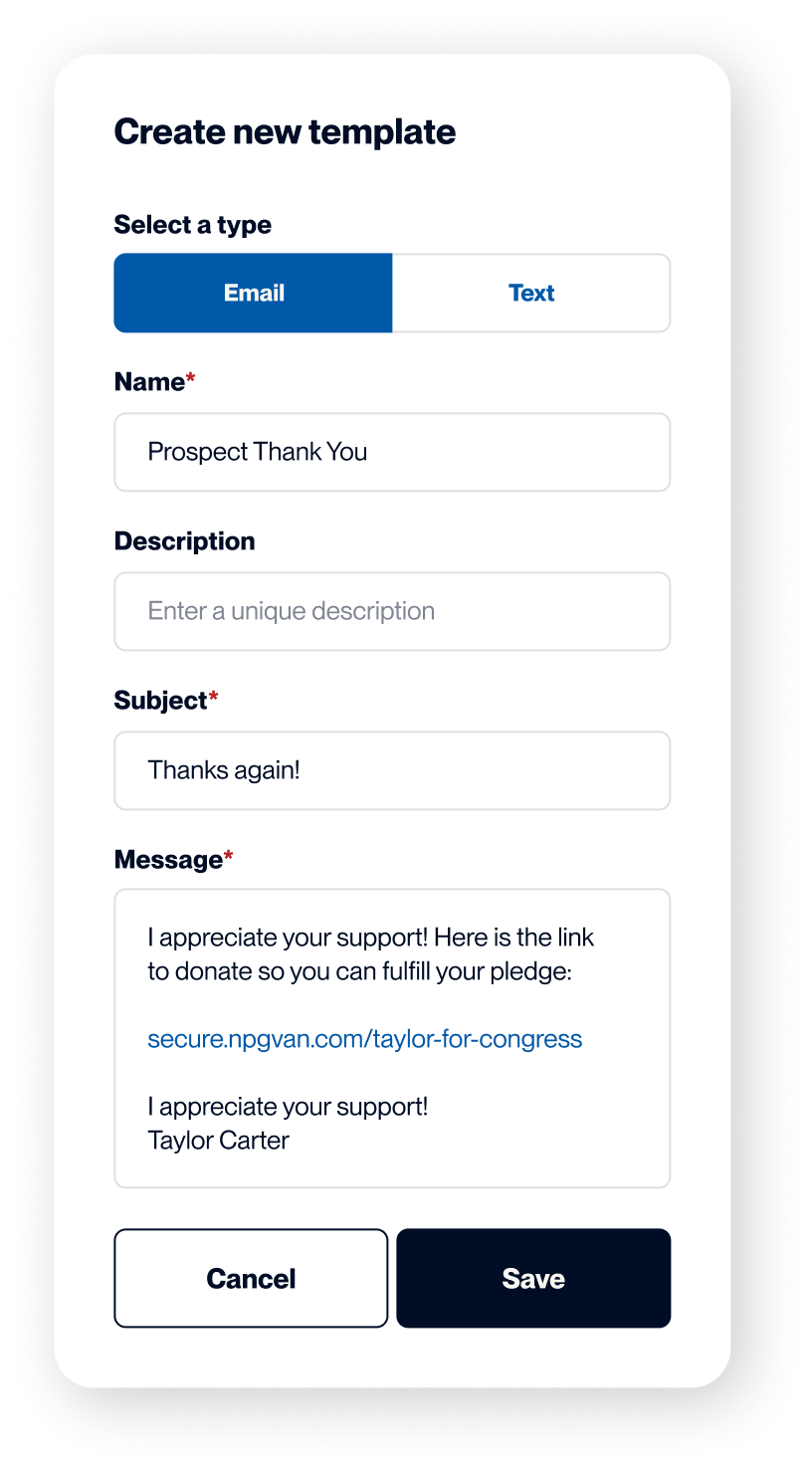 Phone screen displaying functionality for creating templated email and text follow-ups in Call Time Mobile.