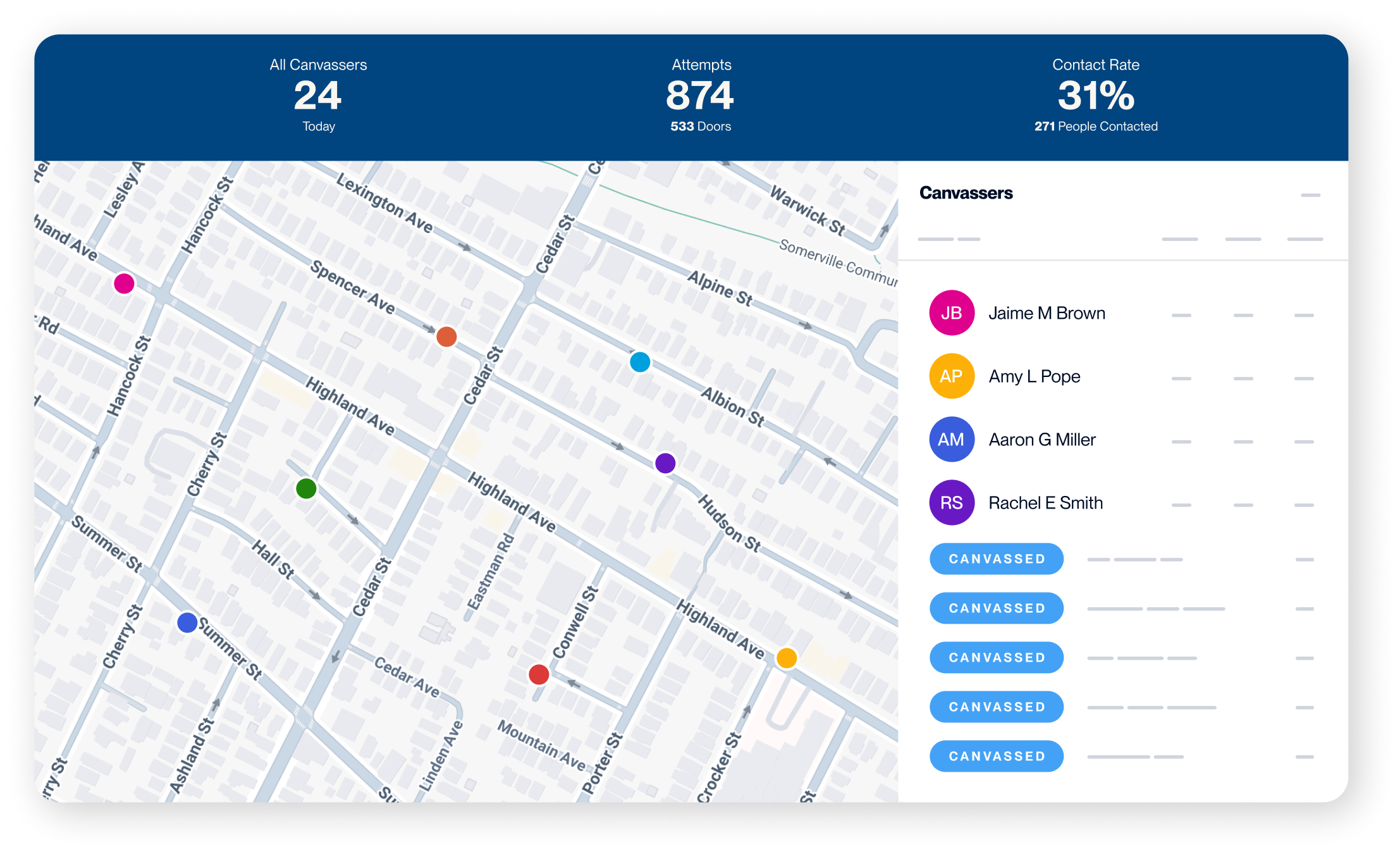 View of MiniVAN Manager displaying canvasser locations and real-time outreach progress.