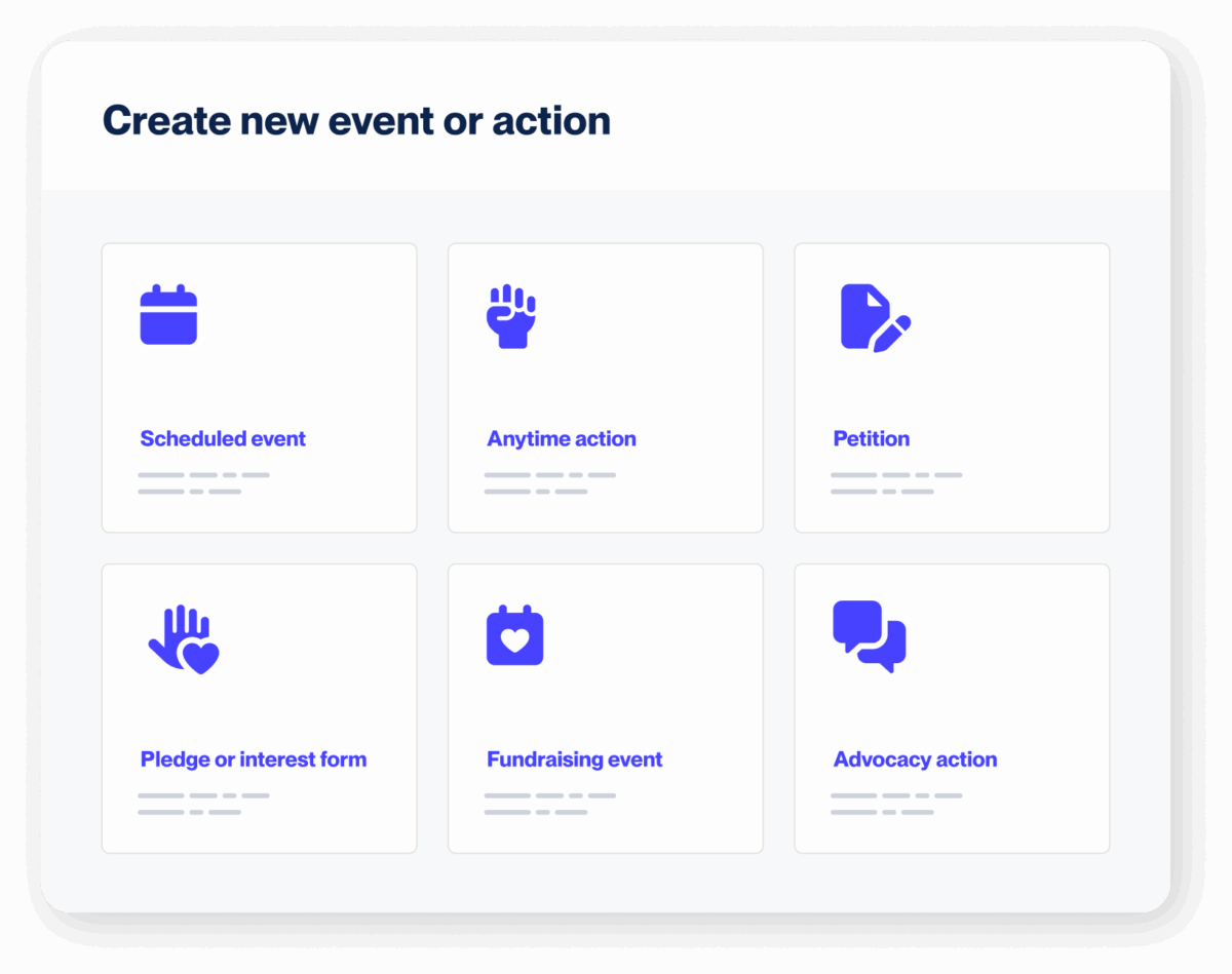 A graphic showing the types of events you can host on Mobilize.