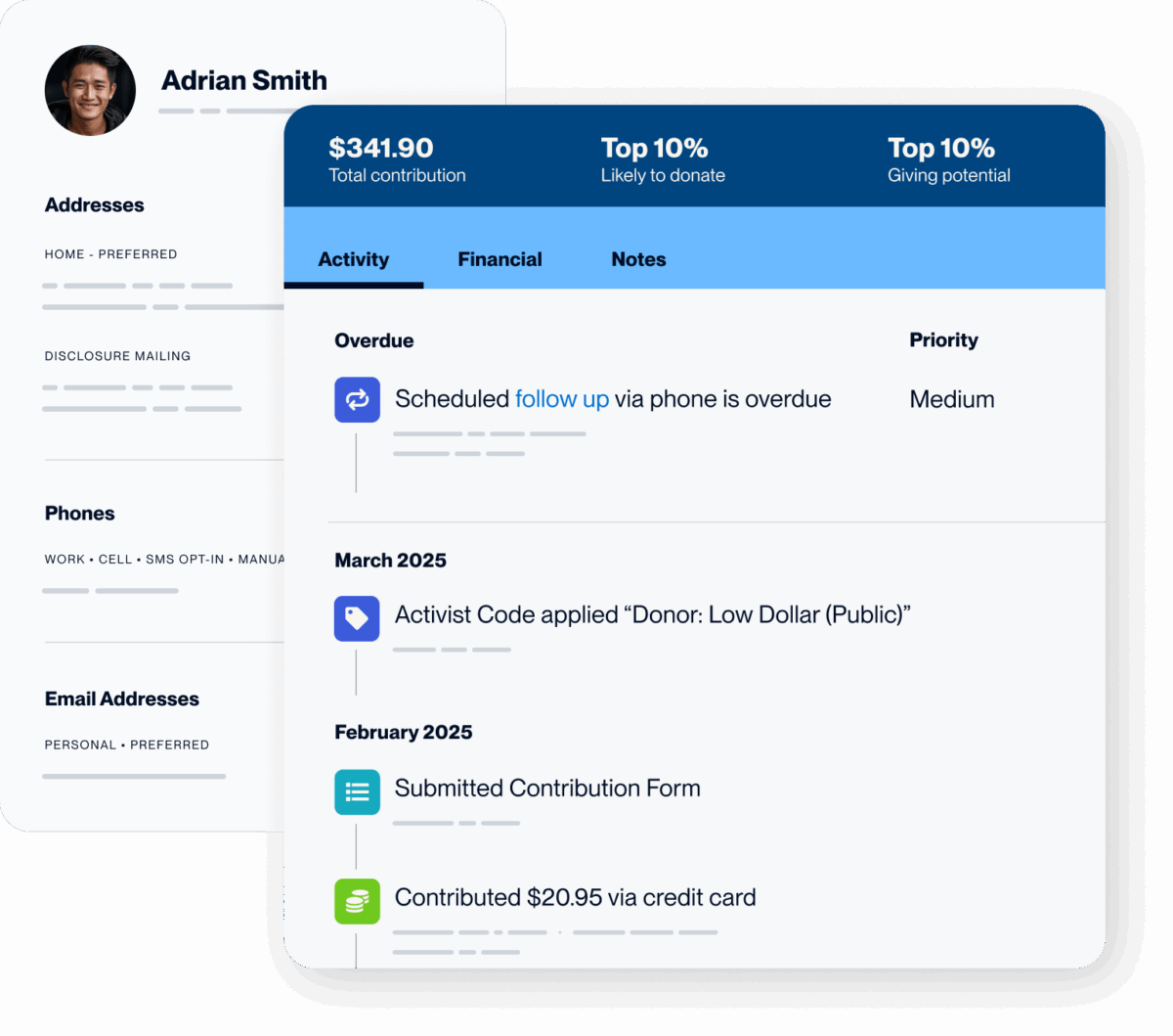 Composite view of NGP contact card and activity history.