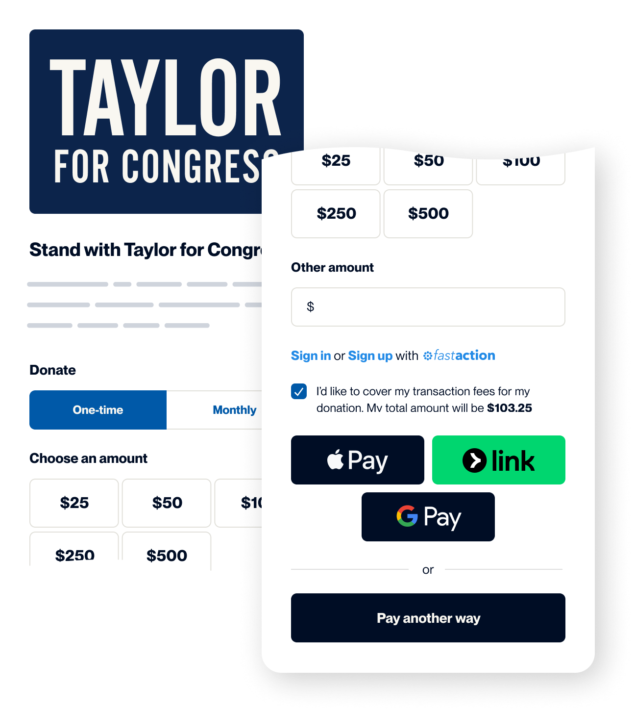 Phone screen showing a secure contribution form through NGP VAN Payments.