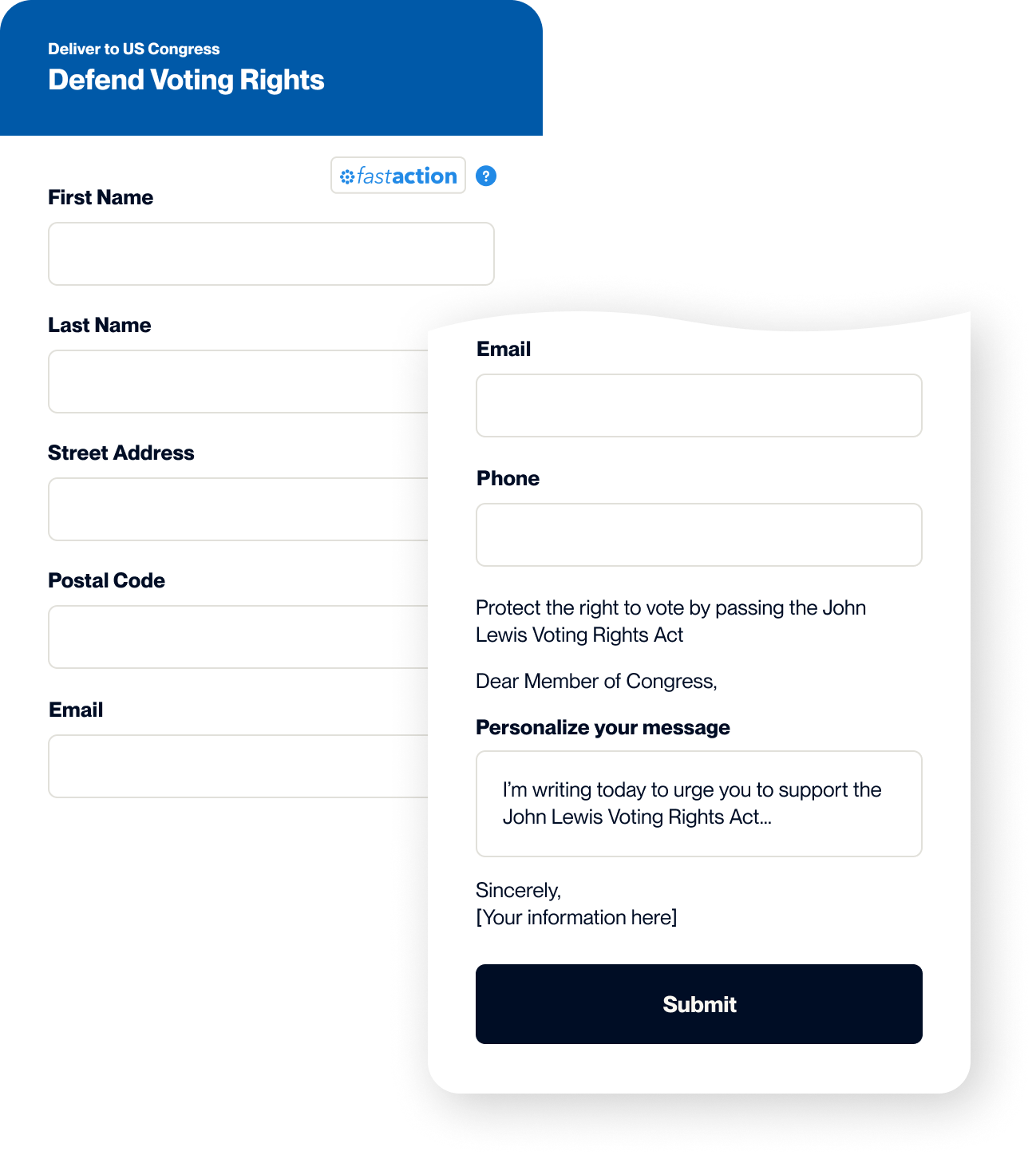Composite of advocacy form in the VAN platform used to capture supporter information, shown within a campaign advocating for voters’ rights.