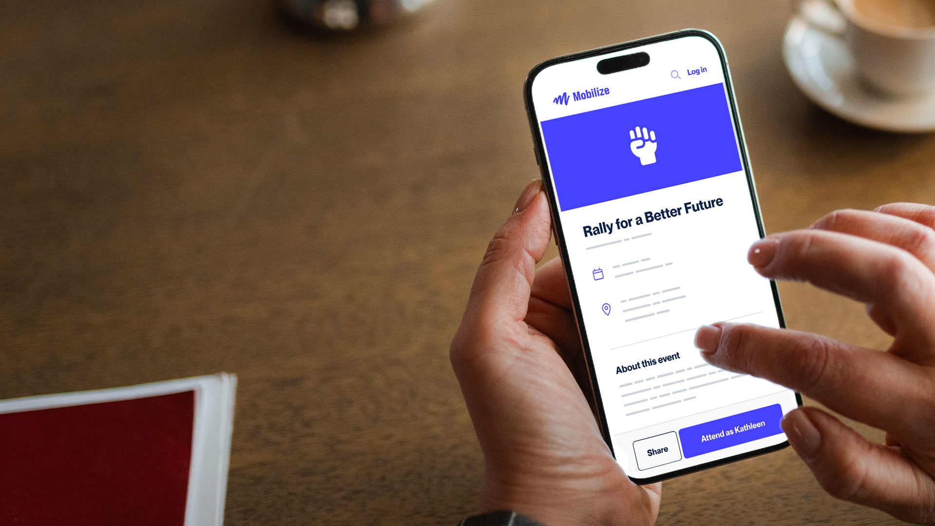 A phone screen showing an advocacy organization's signup page on Mobilize