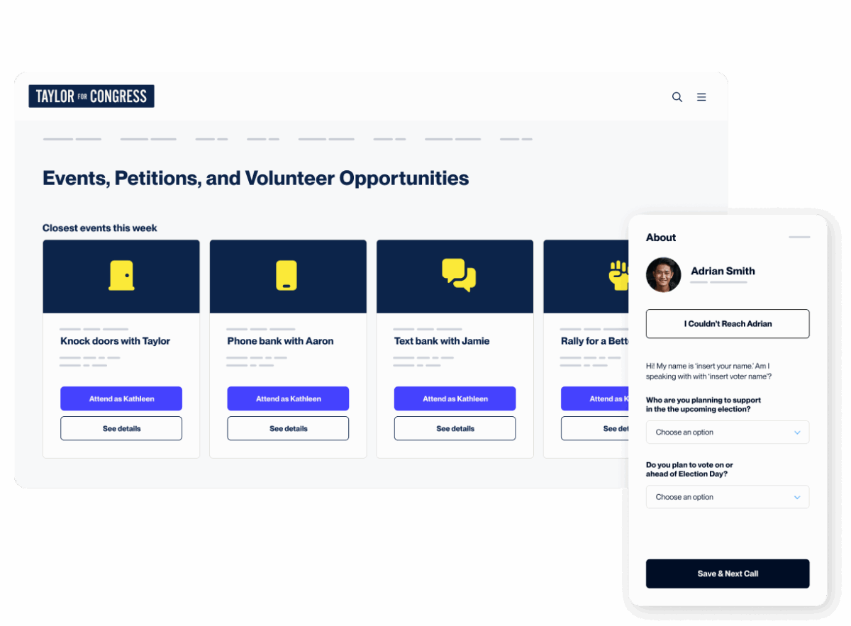 Composit screen showing Mobilize organizing product dashboard