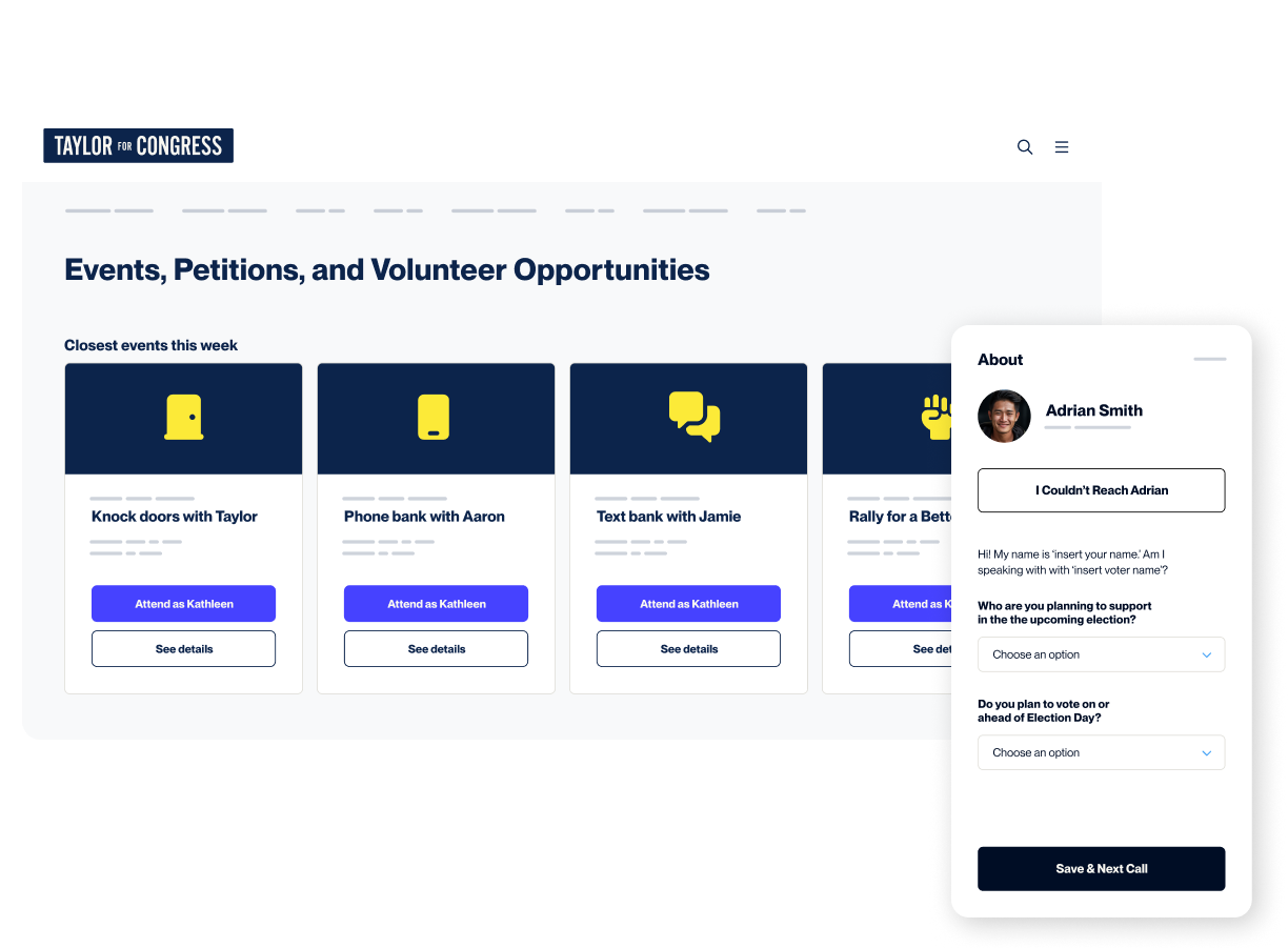 Composite screen showing Mobilize organizing product dashboard