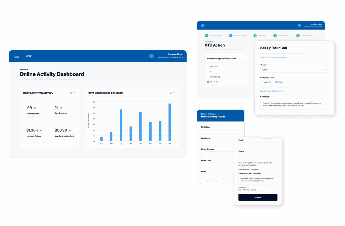 Three screens showing an Online Actions dashboard, a click-to-call campaign, and an Advocacy form