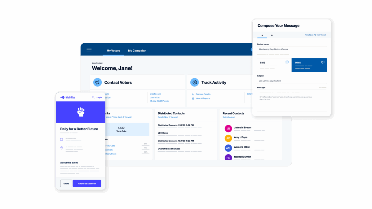 Composite of screens showing Mobilize, VAN, and Mobile Messaging being used for member organizing efforts