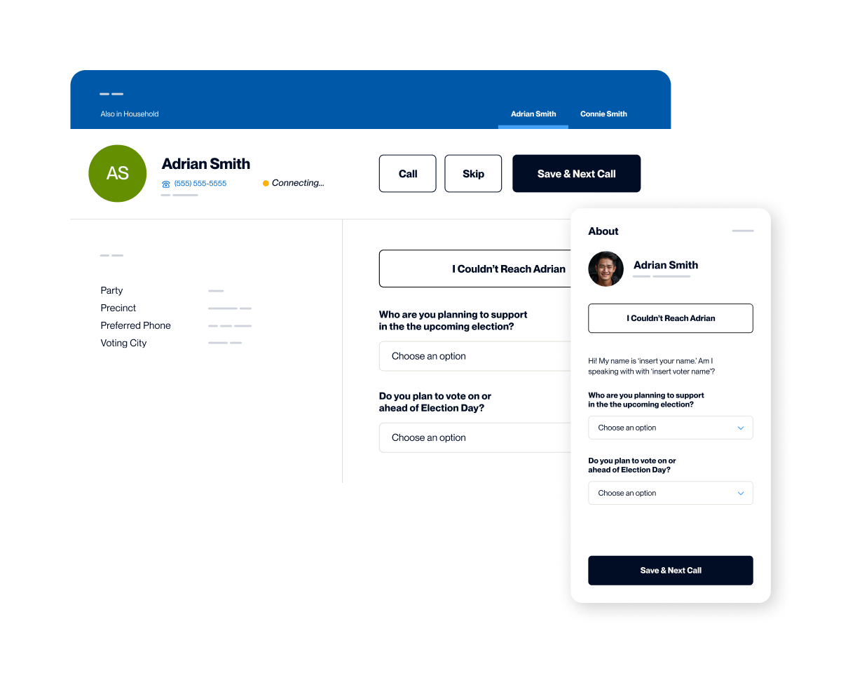 Dialer interface for the OpenVPB platform paired with a view of contact lists for outreach through VPB Connect.