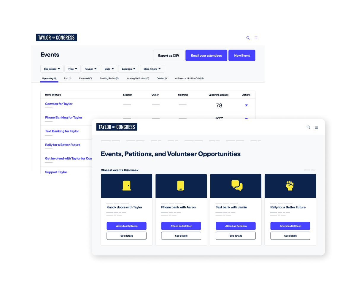 Composite showing the primary events dashboard in Mobilize and a view of active and past events with RSVP data.