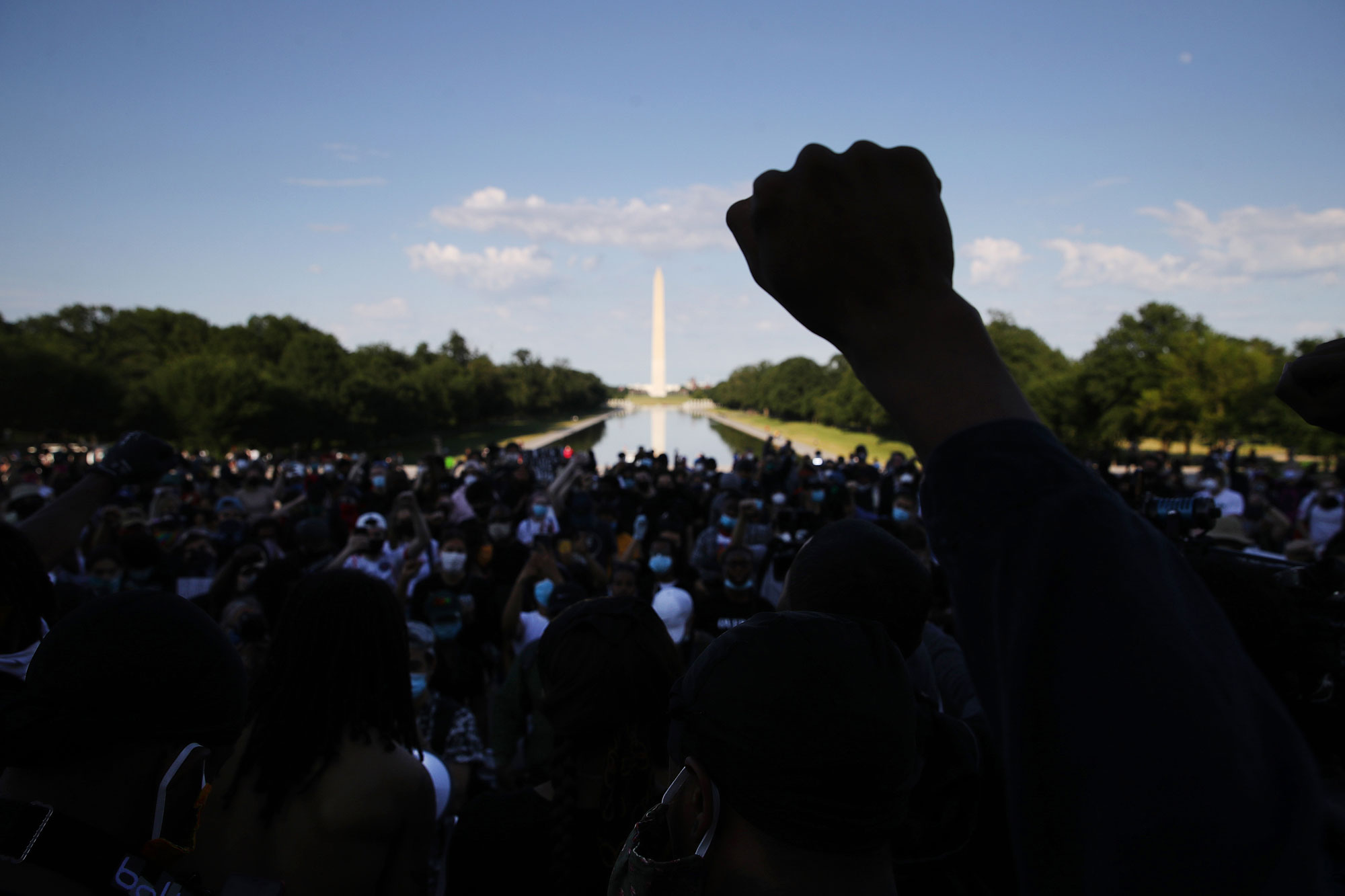 Person holding fist in the air at a rally in Washington DC.